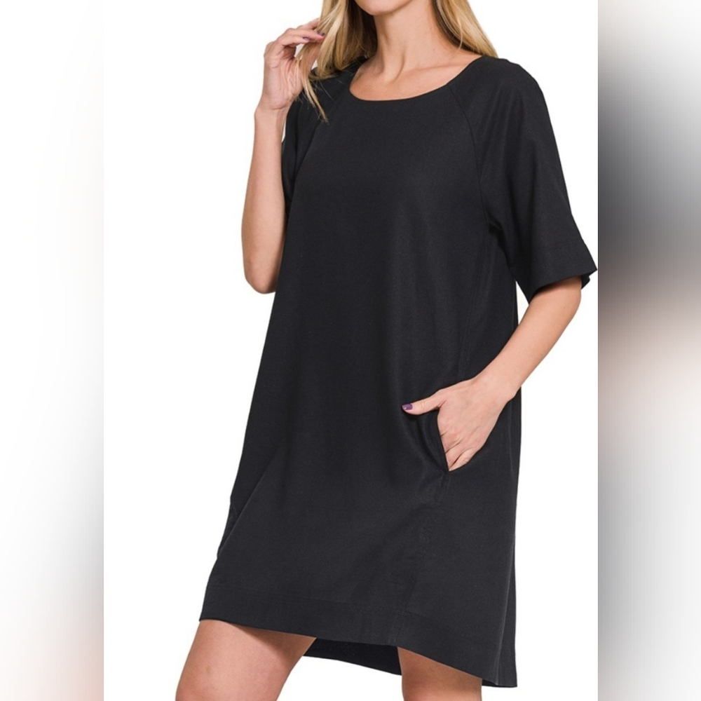 #648 🛑S,M,L,XL Oversize  Linen Blend Short Sleeve Dress w/Side Pockets
